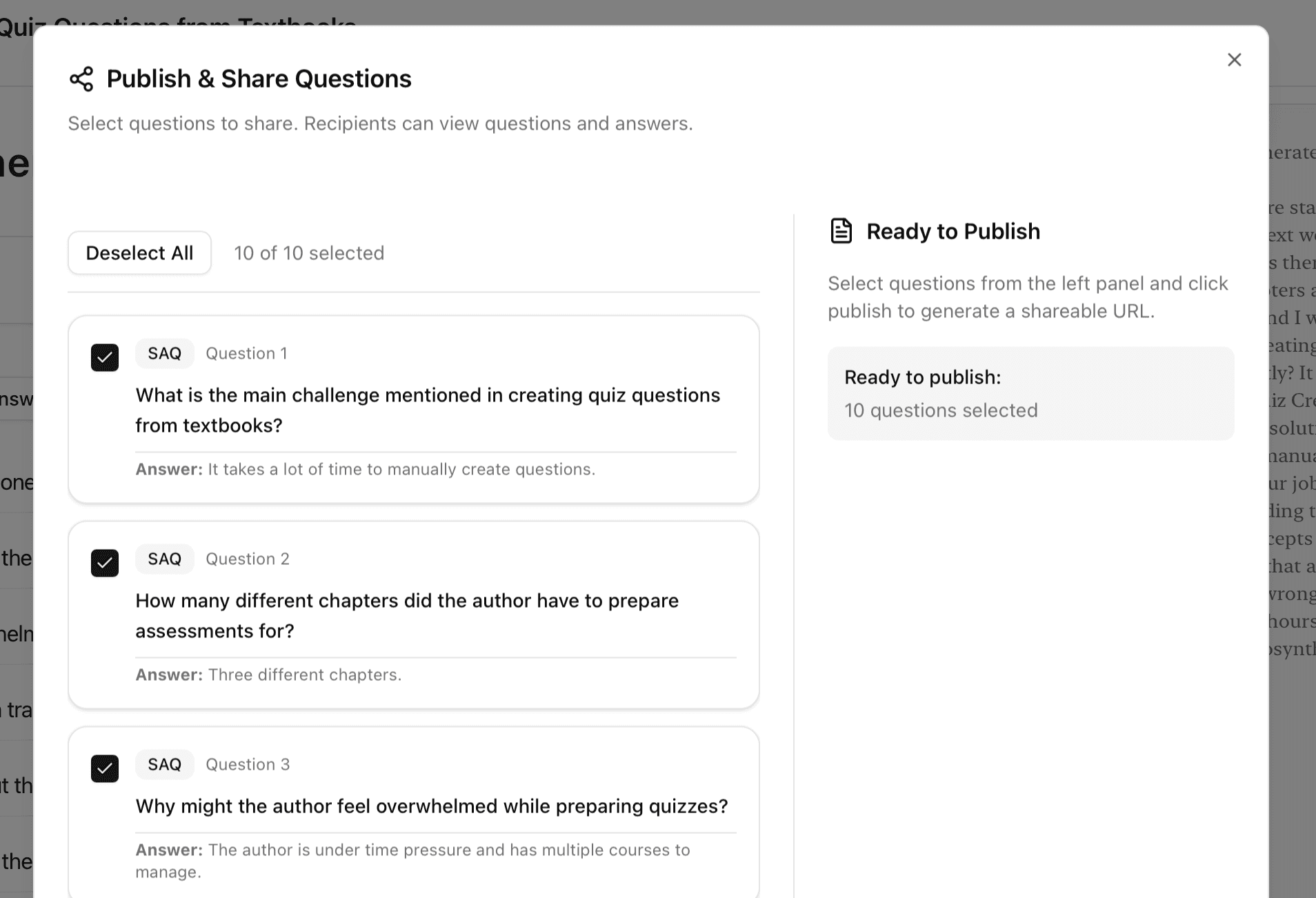 Publish and share interface showing selected questions ready to be shared via URL
