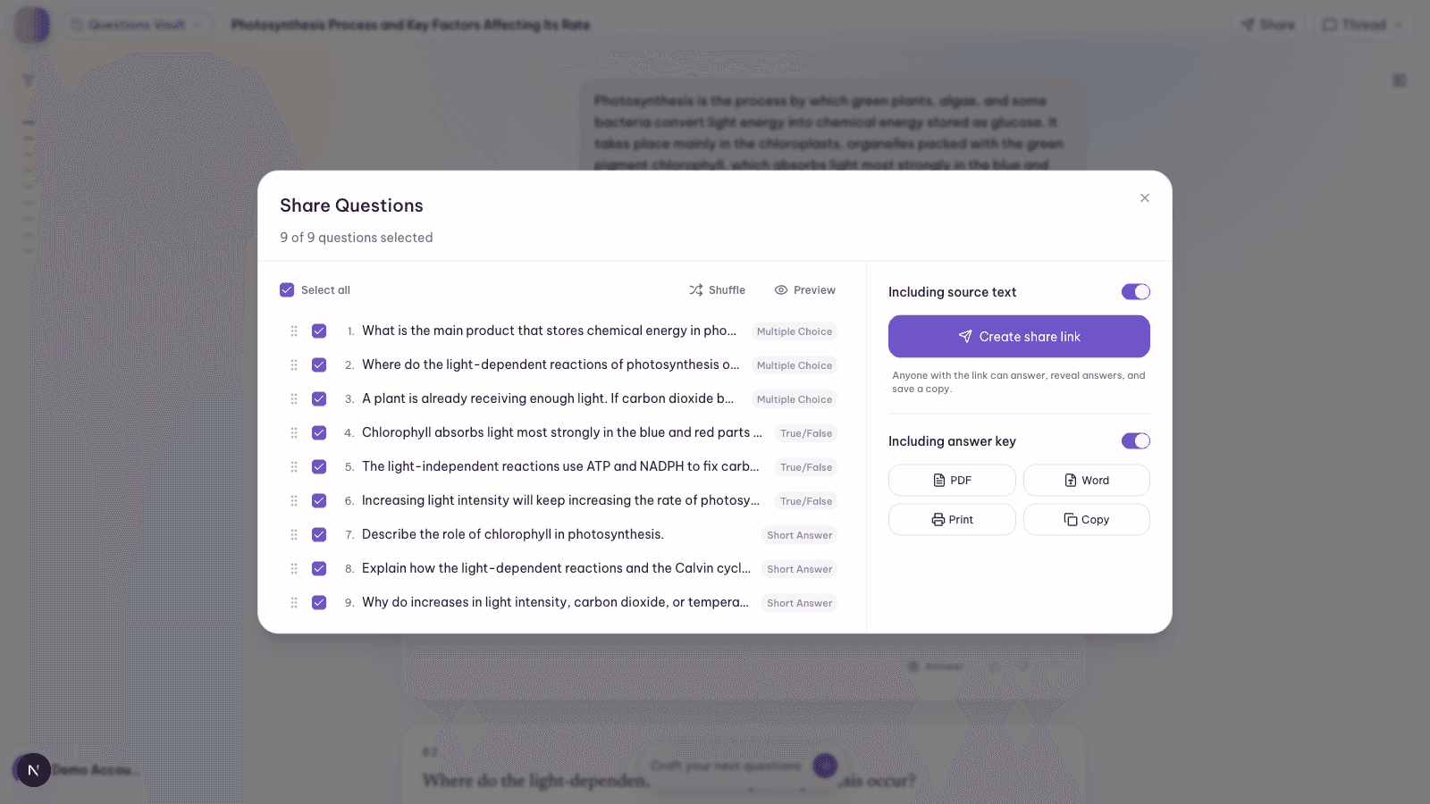 Publish and share interface showing selected questions ready to be shared via URL