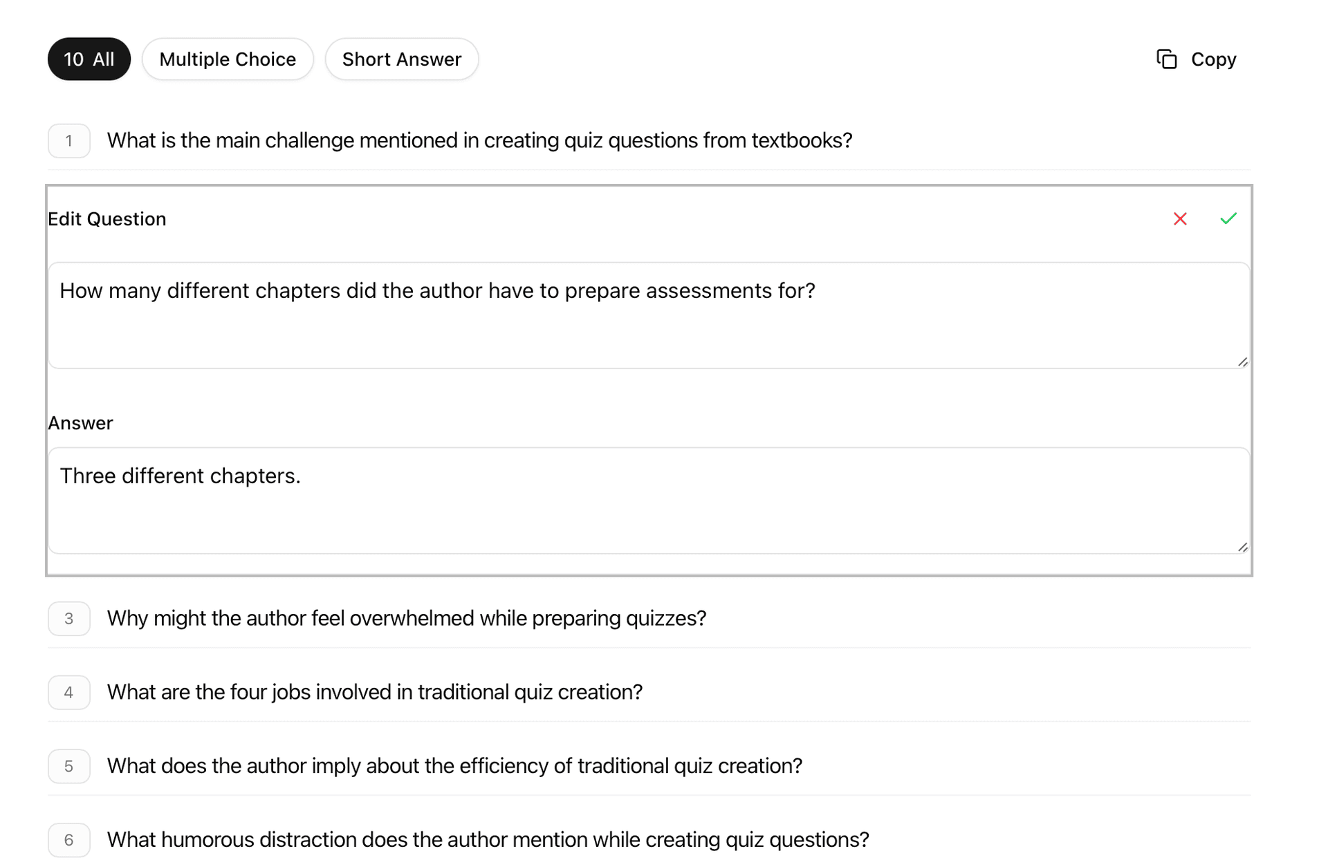Question editing interface showing multiple choice and short answer questions with an edit modal open