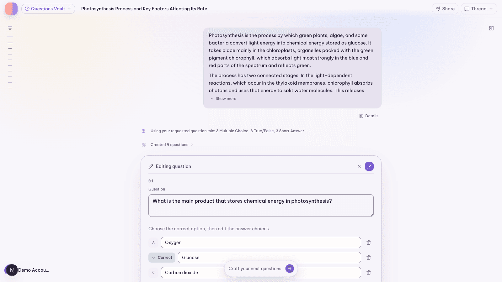 Question editing interface with a multiple choice question open in the inline editor, its correct answer marked
