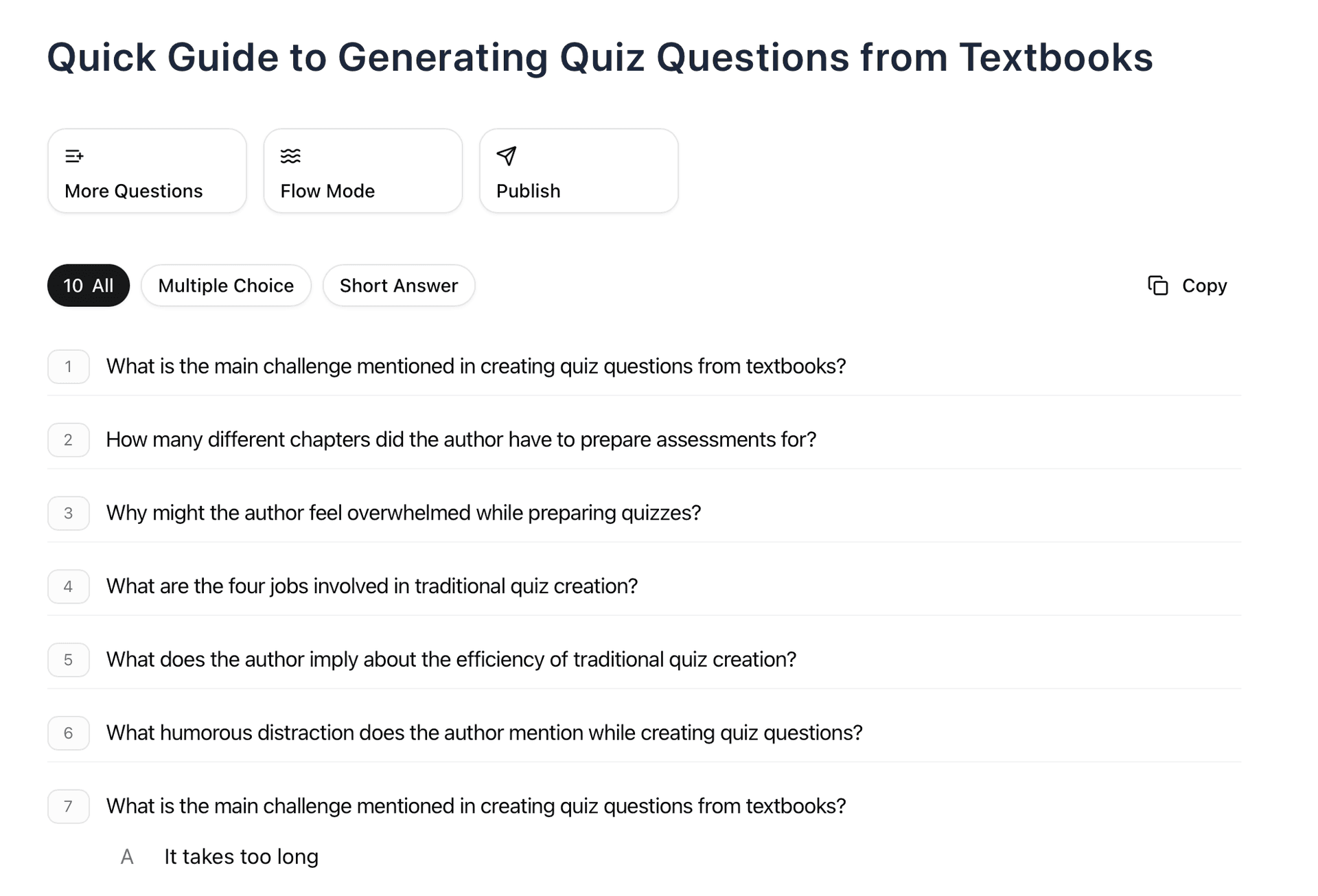 Question list showing multiple choice and short answer questions with filtering options