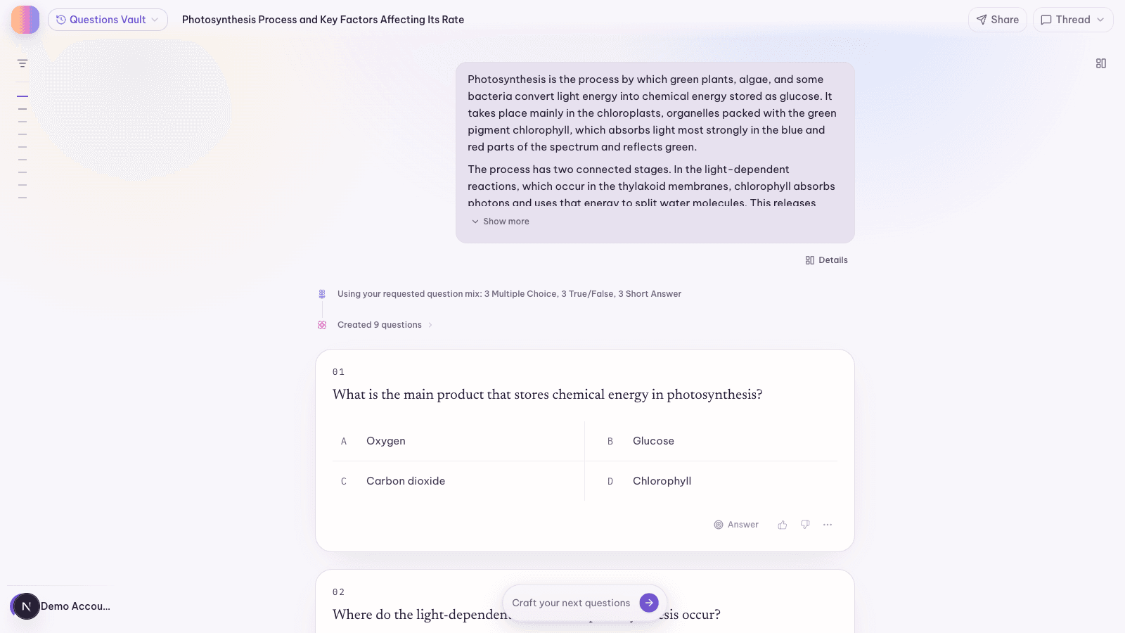 Generated question list showing multiple choice, true/false, and short answer questions in the session workspace